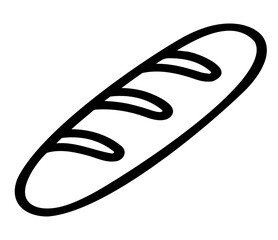 Black and white vector illustration of baguette bread, simple minimal outline, clean linear style, bakery food icon, monochrome graphic element, isolated design for template