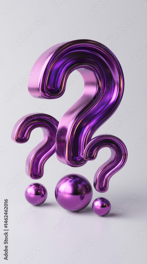Aufkleber metallic purple question marks and spheres on light background, showcasing uncertainty, inquiry, or 