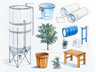 Architectural rendering of various objects suitable for an industrial or agricultural setting. Suggests a blueprint or design for farm or brewery equipment