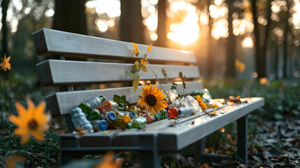 This image shows a bench covered in trash with a sunflower. It highlights environmental pollution against a peaceful natural backdrop. Consider it for an art piece on nature's fragility.