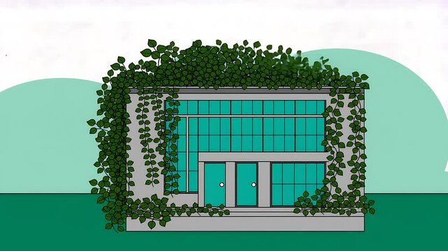 Modern House with Lush Greenery, Green Architectural Illustration