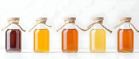 Five bottles filled with different shades of liquid. Perfect for visual presentations about flavors or ingredients. Consider a beverage company promotion.