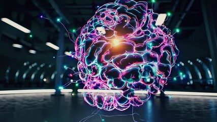 Neon brain with glowing neural network floats in futuristic space expressing intelligence technology digital progress creative ideas future thinking vision - Powered by Adobe
