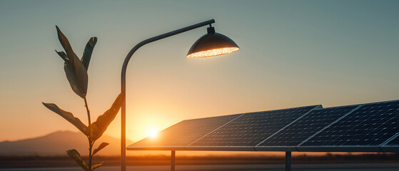 Sunset scene featuring solar panels a lamp and foliage. Great for eco-friendly energy use or environmental awareness campaigns. Use for promotions or social media.