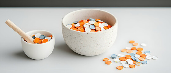 This image shows bottle caps in ceramic bowls. It's a visual metaphor for collecting or potentially recycling. It could be used in an ad for upcycling or design.