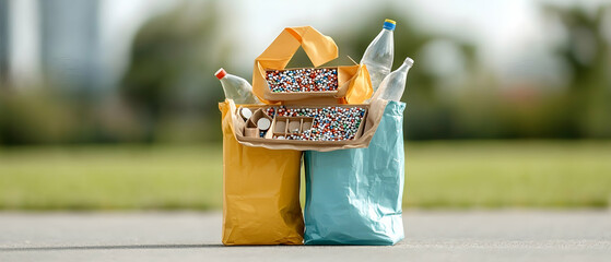 Image shows recycling concept with bags bottles and colorful materials. Idea for eco-friendly campaigns or environmental awareness. Promote waste reduction recycling