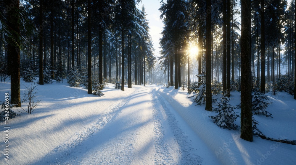 Poster a serene winter scene features a snow-covered pathway winding through a dense forest. sunlight shine