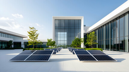 Modern architecture showcases solar panels for sustainable energy generation. Ideal for educational institutions corporate buildings or eco-friendly residential projects