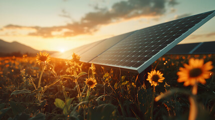 Image features solar panels with sunflowers creating a beautiful contrast showcasing renewable energy and nature's harmony. Excellent for eco-conscious projects.