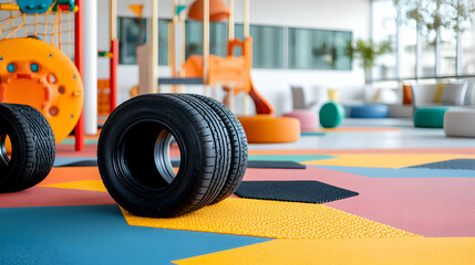 Tires rest on a colorful playground floor. Great for promoting tire safety or automotive services in a kid-friendly environment.