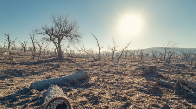 A sun-drenched landscape of barren, deforested trees.