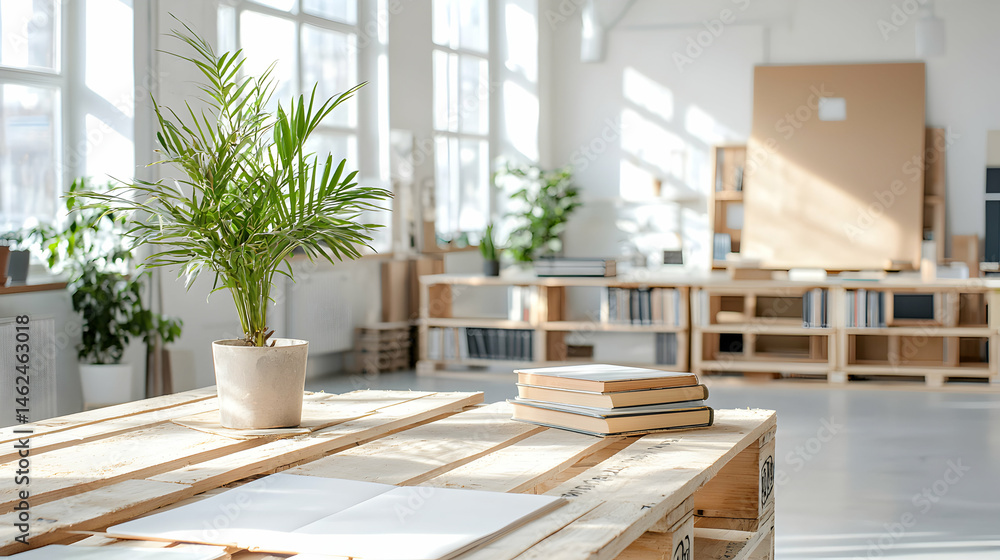 Poster a sunlit minimalist workspace featuring a plant books and open notebook on a pallet table creating a