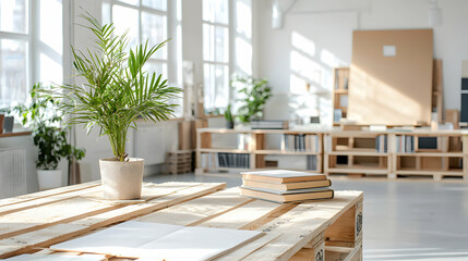 A sunlit minimalist workspace featuring a plant books and open notebook on a pallet table creating a serene productive atmosphere suitable for any creative work.