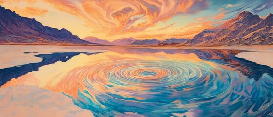 A painting of a lake with a large circle of water in the center