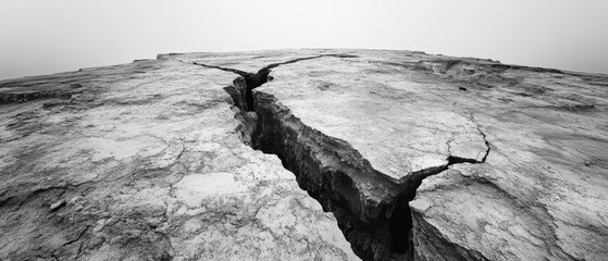A large crack in the ground with a gray sky in the background