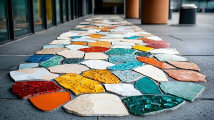 Colorful stone mosaic pathway art. Adds visual interest and can guide foot traffic in public spaces. Perfect for gardens or urban installations.