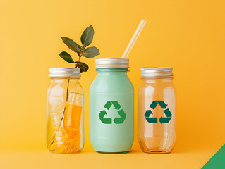 An image shows three jars symbolizing recycling with a plant and a straw. It could be used as a poster advocating eco-friendliness.