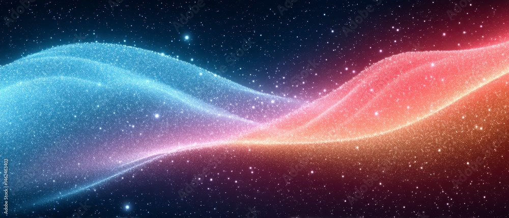 Poster colorful wave pattern with sparkling stars in a dark background.