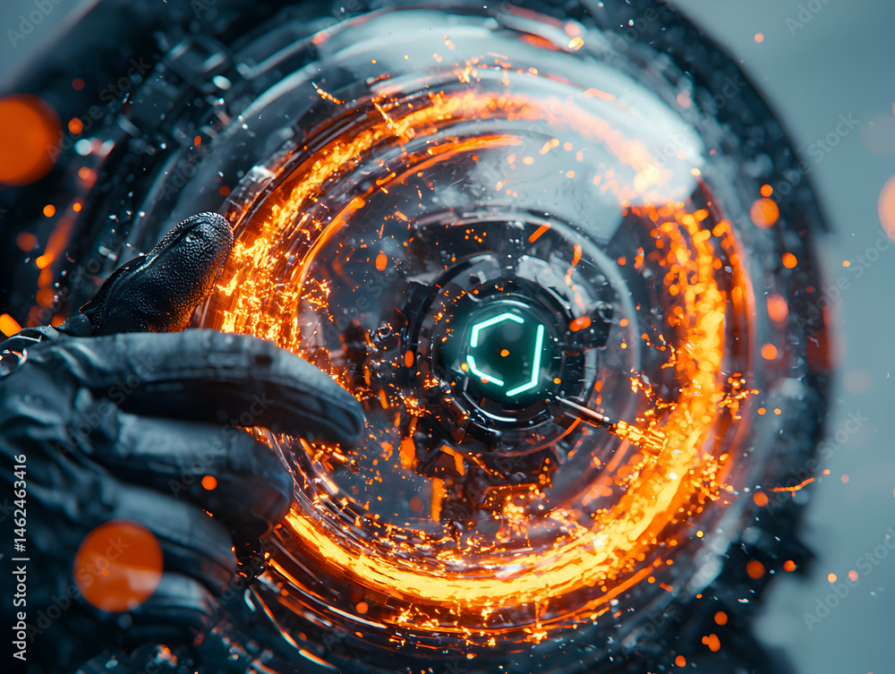 Poster a futuristic scene featuring glowing energy and mechanical components. great for sci-fi designs and 