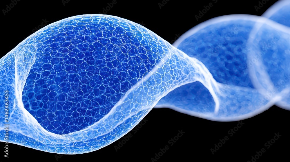 Poster abstract blue cellular structures with a translucent appearance.