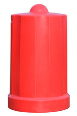 Red reinforced plastic ground fire hydrant anti-vandal dustproof cover, large isolated vertical waterproof antifreeze insulation fiber glass head cap closeup, weather, vandalism protection concept