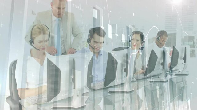Call center team typing and coordinating at desks in office, with animated finance charts flowing