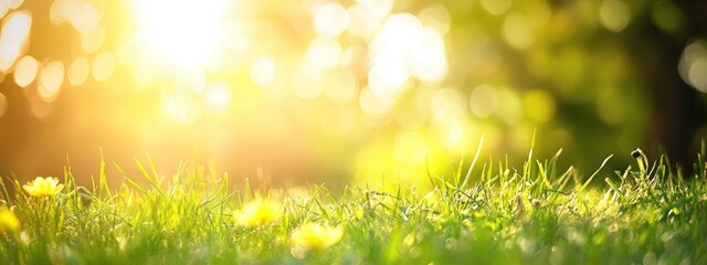 Obraz premium Bokeh Sunlight on Green Grass with Yellow Dandelions in Summer Landscape