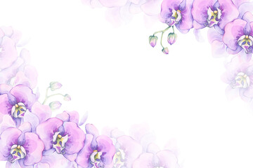 Purple orchids watercolor frame. Floral illustration. Elegant horizontal template with translucent, exotic flowers on white. Ideal for wedding invitations, certificates, stationary, greeting cards