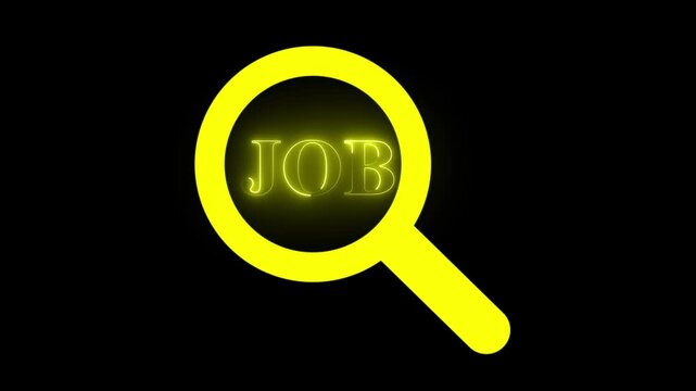 Job Search Animation with Magnifying Glass,Magnifying Glass Reveals JOB Text &ndash; Career Search Animation, search icon with job text  animation on black background. magnify glass on black background.