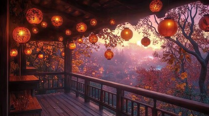Obraz premium Rustic autumn balcony bathed in warm, glowing lanterns.