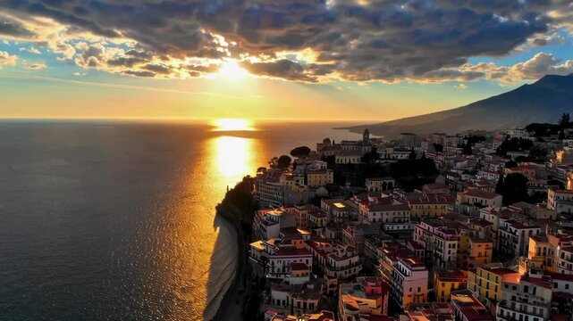 Drone Shot Over Taormina Featuring Mt. Etna and the Sea