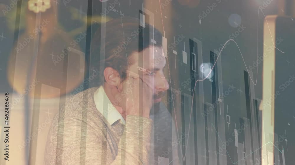 Poster financial analyst gazing at computer monitor on desk, interacting with floating stock charts