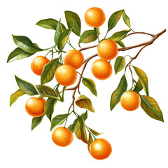 A vibrant illustration of a citrus tree branch laden with ripe oranges, showcasing lush green leaves, set against a clean background, ideal for food-related content or botanical studies