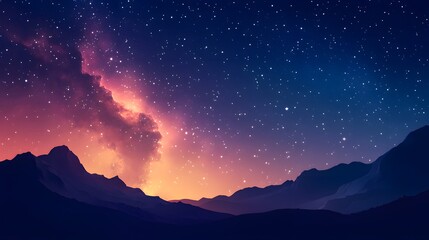 Starry night sky over a majestic mountain range.