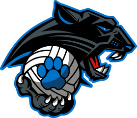 panther mascot holding volleyball for school, college or league sports