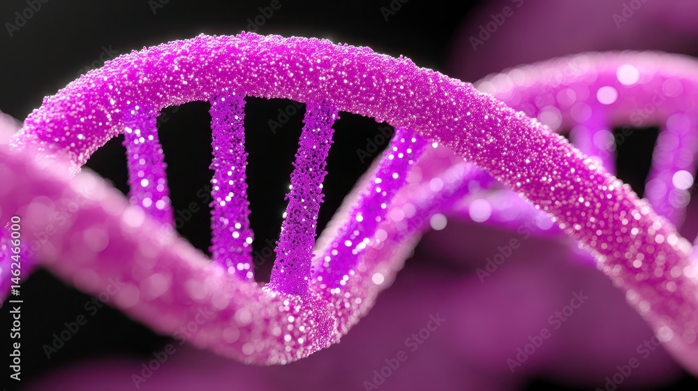 Poster colorful dna strand with sparkling elements on a dark background.