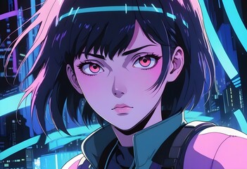 An asian girl, 21 years old, with short black hair and pink eyes, wearing a blue jacket, in a futuristic city with neon lights