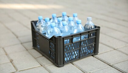 Fototapeta premium A Black Plastic Crate Filled with Bottled Water on Pavement Refreshing Hydration