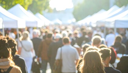 Crowds of People Walking Through a Sunny Outdoor Market with White Tents