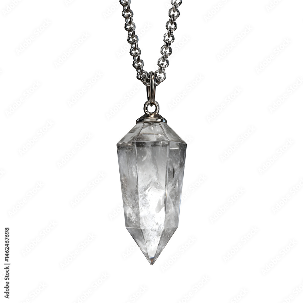 Poster clear quartz pendulum on chain isolated on transparent background