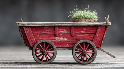 Small Red Wooden Cart with Greenery