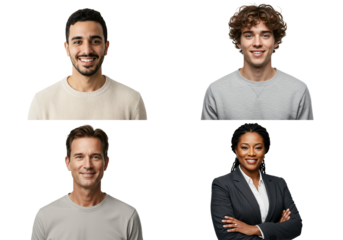 A Diverse Group of Smiling Adults: Two Men and One Woman Posing Against a transparent background Representing Different Ages and Ethnicities