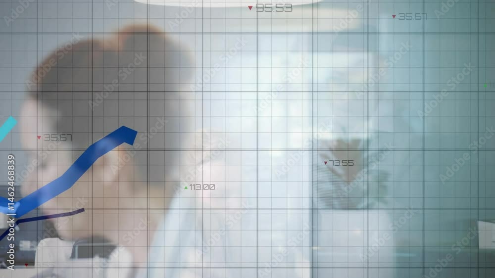 Poster team reviewing business data in modern office, showing animated line graphs and numeric indicators