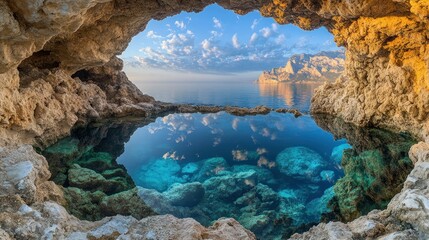 Naklejka premium Coastal cave opening to serene turquoise pool