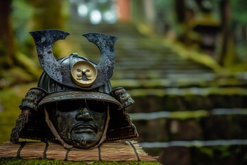 Obraz premium Ancient samurai helmet displayed on mossy steps.