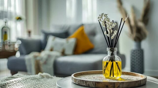 Bright living room showcases an aromatic diffuser with dried flowers on a tray, enhancing the cozy atmosphere of the space