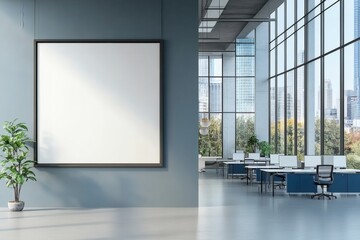 Fototapeta premium Blank poster mockup on wall in modern office with city view and minimalist open workspace in 3D rendering 