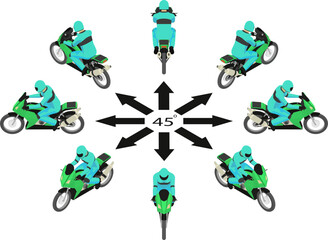 Rotation green motorbike by 45 degrees. The racing motorcycles with rider in different angles in isometric view.