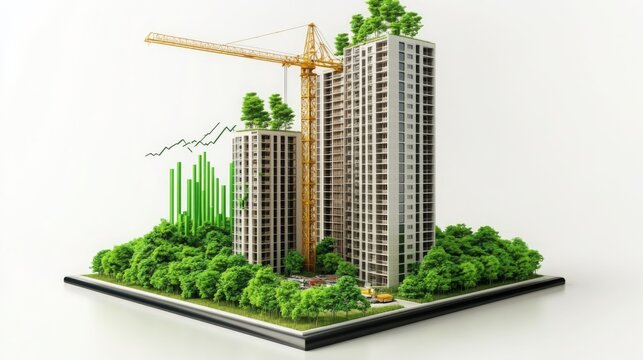 Model of a sustainable urban development showcasing green architecture and construction progress