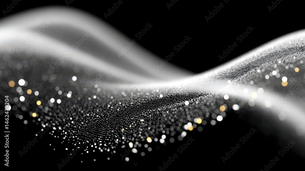 Poster abstract wave with sparkling dots on a dark background.